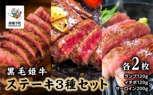 黒毛姫牛「ステーキ人気3種セット」(ランプ120g/イチボ120g/サーロイン200g)各2枚鹿児島県南種子町52000肉牛肉