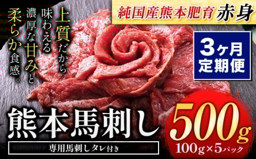 【3ヶ月定期便】馬刺し 赤身馬刺し 500g 馬刺し 約100g×5ブロック (タレ5ml×5袋) 純国産 熊本肥育 肉 生食用 冷凍《お申込み月の翌月から出荷開始》 馬肉 赤身 タレ付き 熊本県津奈木町42000肉ジ