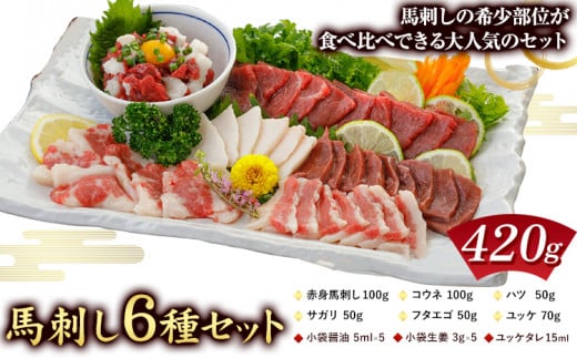馬刺し 6種 セット 420g 醤油 タレ 付き 津奈木町(桜屋) 《60日以内に出荷予定(土日祝除く)》熊本県 葦北郡 津奈木町  肉 馬肉 馬さし 赤身 タテガミ ハツ サガリ フタエゴ ユッケ熊本県津奈