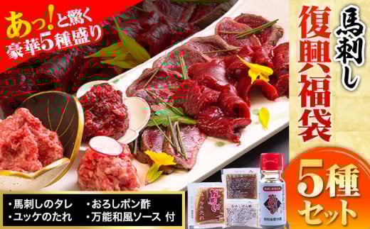 馬刺し復興福袋5種セット 馬肉 冷凍 《60日以内に出荷予定(土日祝除く)》 新鮮 赤身 ユッケ フタエゴ タタキ 桜うまトロ 馬刺しのタレ付き  馬刺しユッケ 馬刺 冷凍 赤身 国産 熊本 真空パッ
