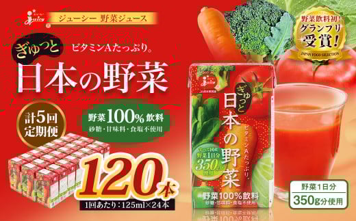 【5回定期便】【野菜飲料初!ジャパンフードセレクション グランプリ受賞】 ジューシー 野菜ジュース ぎゅっと日本の野菜 100% 125ml×24本 ジュース 紙パック 国産熊本県熊本市50000お茶・飲