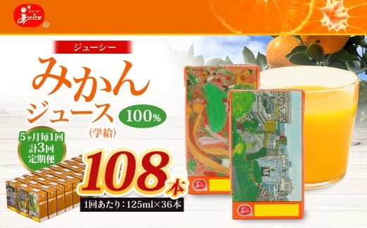 【5ヶ月毎3回定期便】 ジューシー みかんジュース 100% (学給) 125ml×36本 みかん ミカン 蜜柑 ジュース オレンジジュース 飲料 紙パック 国産 熊本県熊本県熊本市30000お茶・飲料果汁・野菜