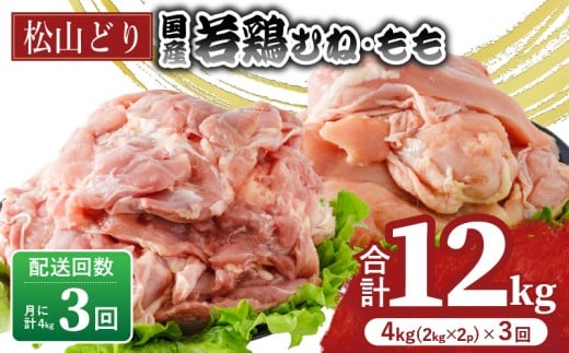 【定期便3回】松山どり むね 2kg×1パック もも肉 2kg×1パック ×3回 計12kg | 定期便 国産 鶏肉 小分け 若鶏 冷凍 愛媛県 松山市 株式会社ビージョイ愛媛県松山市42000肉鶏肉