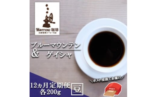 定期便 12ヶ月 自家焙煎 ブルーマウンテン NO1・ゲイシャ (豆) 各200g×12ケ月 ポスト投函 コーヒー 珈琲 12回 お楽しみ Morrow珈琲福岡県小郡市510000お茶・飲料コーヒー・紅茶