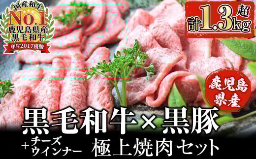 【鹿児島県産黒毛和牛・黒豚】お家でいただく極上 焼肉セット(チーズウインナー&タレ付き)計1.3kg以上! 焼肉 焼き肉 焼き肉セット 肉 牛肉 豚肉 黒豚 食べ比べ 肩ロース 豚バラ 豚肩ロー