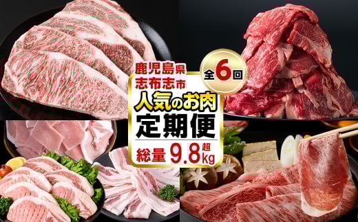【定期便・全6回】お肉のお楽しみ定期便 総量9.8kg! 牛肉 豚肉 鹿児島県産 九州産 国産 黒毛和牛 ステーキ すきやき しゃぶしゃぶ とんかつ BBQ t0114-001鹿児島県志布志市114000肉牛肉