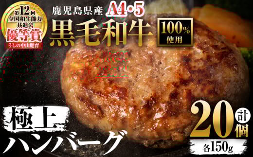 <A4・A5等級>鹿児島県産 黒毛和牛100%使用 極上ハンバーグ(計3kg・150g×20個) c5-034鹿児島県志布志市35000肉牛肉