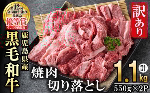 【訳あり・数量限定】うしの中山黒毛和牛切り落とし焼肉(計1.1kg・550g×2P)?d0-032鹿児島県志布志市40000肉牛肉