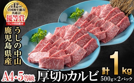 <A4・A5等級>鹿児島県産黒毛和牛 うしの中山 焼き肉用厚切りカルビ 計1kg(500g×2P) 鹿児島県産 黒毛和牛 和牛 カルビ 肉 牛肉 国産 九州産 焼肉 BBQ 小分け A5 A4 日本一 ランキング 人気 c4-016鹿
