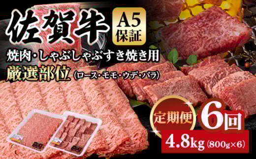 【定期便】佐賀牛 A5  焼肉・しゃぶしゃぶすき焼き 厳選部位 合計800g(400g x 各1P)6回定期 計4.8kg(800gx6) 桑原畜産 小分け ブランド牛 黒毛和牛 人気 高評価 佐賀県 小城市佐賀県小城市126000肉