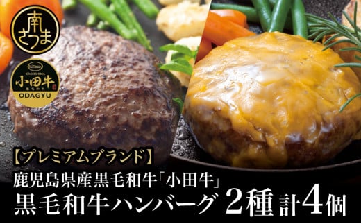 【プレミアムブランド】鹿児島県産黒毛和牛「小田牛」 牛肉100% 2種類のハンバーグステーキ 計4個(120g×各2個)チーズハンバーグ 牛肉 総菜 おかず レトルト 黒毛和牛 小田畜産 冷凍 ギフ