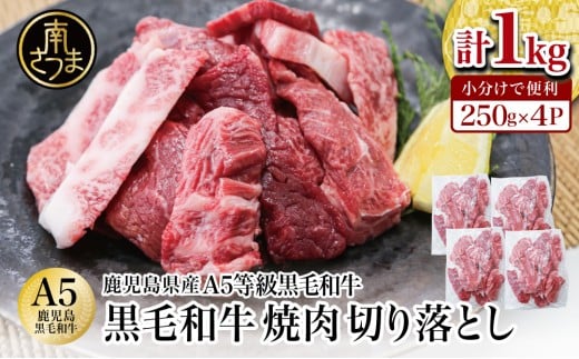 鹿児島県産 A5等級 黒毛和牛 焼肉 切り落とし 計1kg(250g×4P)国産牛 牛肉 和牛 国産 焼き肉 切落し おまかせ サイズ不揃い BBQ バーベキュー 小分けパック 冷凍 カミチク 南さつま市鹿児島県