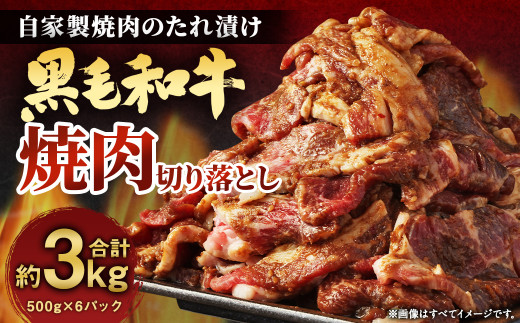 大丈夫博士が作る!!自慢の自家製焼肉のたれ漬け黒毛和牛焼肉切落し 約3kg(500g×6)福岡県柳川市69000肉牛肉