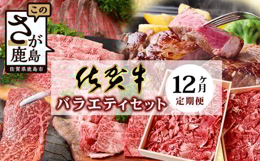 【定期便12回】佐賀牛 バラエティ 定期便 【肩ロース モモ 切落し サイコロステーキ 焼肉 ローストビーフ しゃぶしゃぶ すきやき すき焼き 赤身ブロック】 V-49佐賀県鹿島市470000肉牛肉