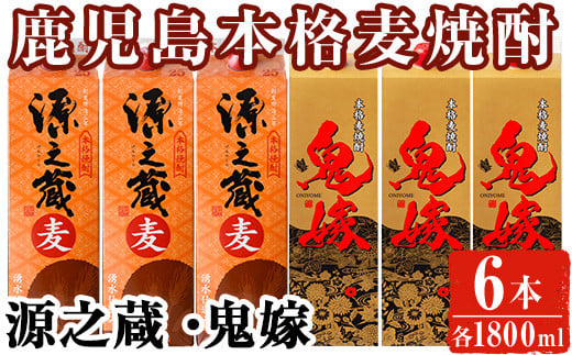 岩川醸造 本格麦焼酎飲み比べ1800mlパック6本セット!(源之蔵、鬼嫁:各1800ml×3本) 麦焼酎 お酒 飲み比べ【大隅家】B138-v02鹿児島県曽於市27000酒・アルコール焼酎