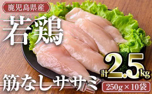 鹿児島県産若鶏 筋なしササミ(計2.5kg・250g×10袋) 小分け 冷凍 ささみ【TRINITY】A464-v02鹿児島県曽於市13000肉鶏肉