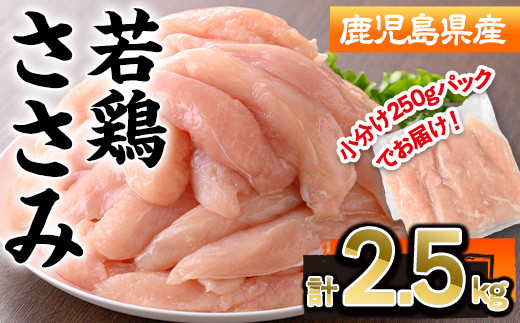 鹿児島県産若鶏ささみ(計2.5kg・250g×10P) 若鶏 ささみ 冷凍【株式会社羽根】A576鹿児島県曽於市9500肉鶏肉