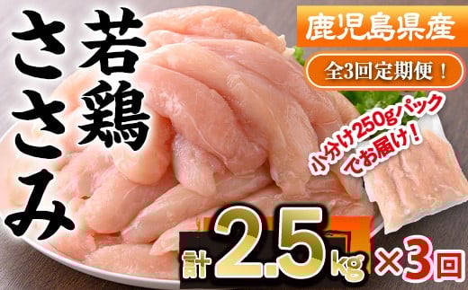 <定期便・全3回>鹿児島県産若鶏ささみ(計2.5kg×3回) 若鶏 ささみ 冷凍【株式会社羽根】T50鹿児島県曽於市28000肉鶏肉