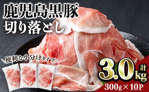 鹿児島黒豚切り落とし(計3kg・300g×10P) 豚肉 黒豚 切り落とし 【居食肉】A833鹿児島県曽於市17000肉豚肉