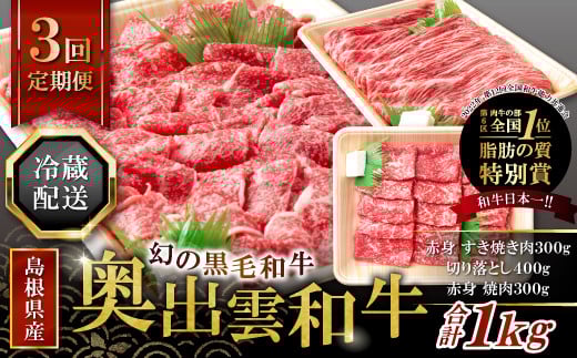 【冷蔵配送】全国大会W受賞!奥出雲和牛いろいろ定期便3回【エコノミー】(毎月20日お届け)【奥出雲和牛 和牛 定期便 3回 ブランド牛 黒毛和牛 赤身すき焼き肉 切り落とし肉 切り落とし