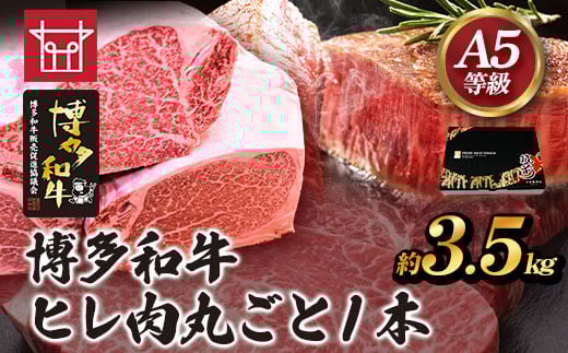 博多和牛 ヒレ肉丸ごと1本 約3.5kg 久田精肉店株式会社《30日以内に出荷予定(土日祝除く)》小竹町 博多和牛 牛肉 赤身 3.5kg A5等級 国産 ヒレ ステーキ 福岡県小竹町250000肉牛肉