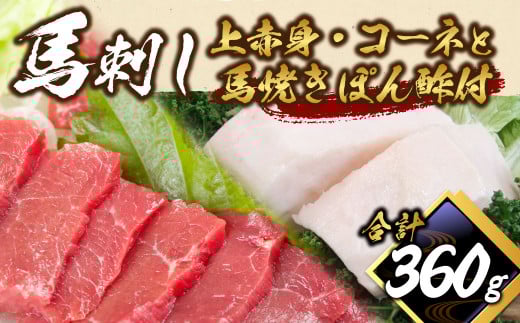 馬刺し上赤身・コ−ネと馬焼きぽん酢付 セット 計約360g 2種 たてがみ 赤身 スライス ブロック 食べ比べ 馬肉 刺し身 真空パック 冷凍熊本県水俣市26000肉ジビエ