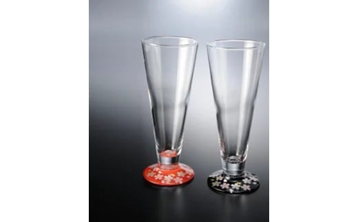 みよし漆器本舗 ビールグラス ペア 紀州塗り ぬりもん de Verre 蒔絵 桜 黒 赤 285ml和歌山県海南市22500雑貨・日用品食器・グラス