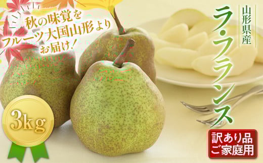 FYN9-597 《2025年先行予約》ご家庭用 山形県産西洋梨 ラ・フランス3kg 2025年11月上旬から順次発送 洋梨 洋なし ラフランス 秋果実 果物 くだもの フルーツ 訳あり 農業者 農家 支援 自宅 家庭 産