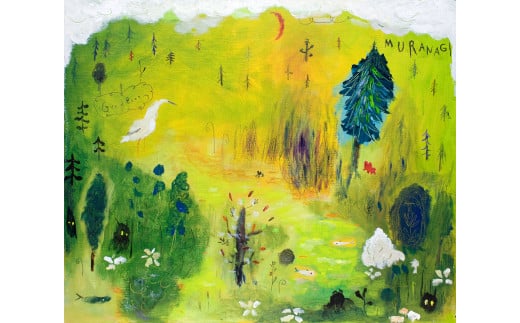ムラナギ絵画作品No.982『夕暮れの沼』 一点物 アクリル原画 幻想世界 アート作品 F12キャンバス仕様 壁掛け 棚置き 可能 絵 作品 アート 芸術品 コレクション 原画 飾り インテリア 茨城県 石