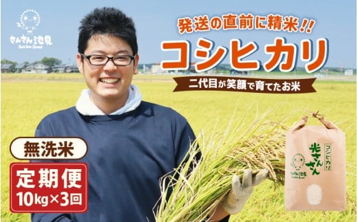 【令和7年産・新米】【3ヶ月連続お届け】二代目が笑顔で育てたコシヒカリ 10kg × 3回 計30kg 〜福井県産 生産者直送!〜(無洗米)【定期便 お米 こしひかり ぶつき米 無洗米 玄米 白米 選べ