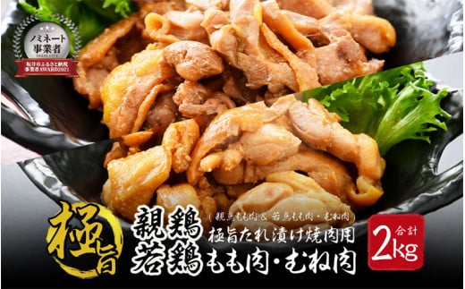 極旨たれ漬け焼肉用 親鳥もも肉 500g × 2袋 & 若鳥むね肉・もも肉 500g × 2袋(合計2kg)【親鶏 若鶏 ひね鶏 ヒネ鶏 純鶏 純けい ムネ肉 モモ肉 とり肉 鳥肉 鶏肉 お家ごはん 夜ご飯 国産 おかず