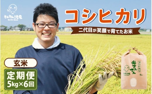 【令和7年産・新米】【6ヶ月連続お届け】二代目が笑顔で育てた コシヒカリ 5kg × 6回 計30kg (玄米) 〜福井県産 生産者直送!〜 【定期便 お米 こしひかり ぶつき米 無洗米 玄米 ブランド米 人