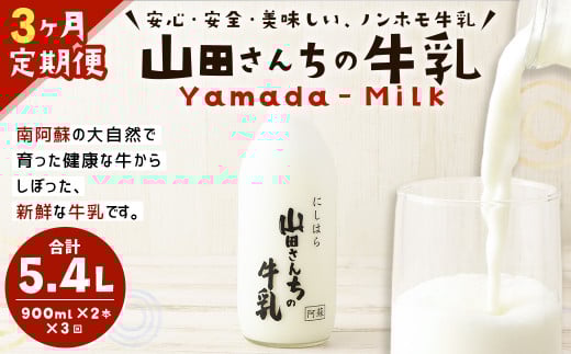【3ヶ月定期便】山田さんちの牛乳 2本セット 900ml×2本 計3回 合計5.4L ノンホモ牛乳 牛乳熊本県西原村26000卵・乳製品牛乳・乳飲料
