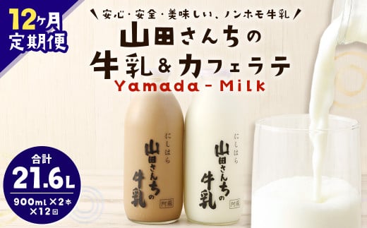 【12ヶ月定期便】山田さんちの牛乳・カフェラテ2本セット 900ml×2本 計12回 合計21.6L ノンホモ牛乳 カフェラテ熊本県西原村100000卵・乳製品牛乳・乳飲料