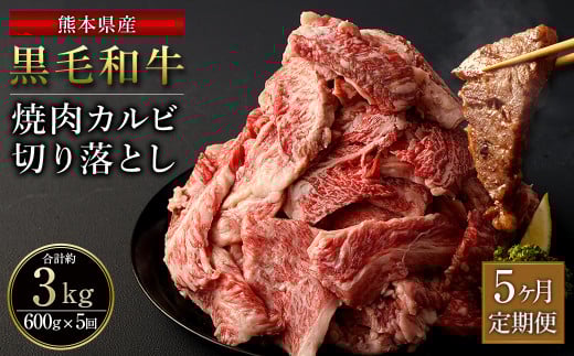 【5ヶ月定期便】熊本県産 黒毛和牛 焼肉 カルビ 切り落とし 合計3,000g 600g 300g×2パック 和牛 牛肉 肉  バーベキュー 炒め物 国産 九州産熊本県西原村65000肉牛肉