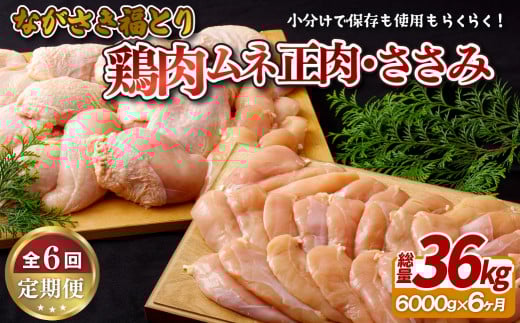 B326b 【鶏肉むね・ささみセット 6回定期便】ながさき福とり 鶏肉正肉セット (計6,000g) 総計36kg【長崎福鳥】小分け 真空冷凍 冷凍 定期便 むね ムネ ささみ ササミ ハーブの力で健康に育てた