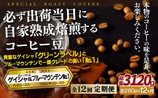 E286z 【12回定期便】必ず出荷日に自家熟成焙煎ゲイシャ豆(160g)・ブルーマウンテン.1豆(100g)【SASEBO Coffee TOMINAGA】人気 新鮮 挽きたて 高級コーヒー 本格 希少長崎県佐世保市120000お茶・飲料
