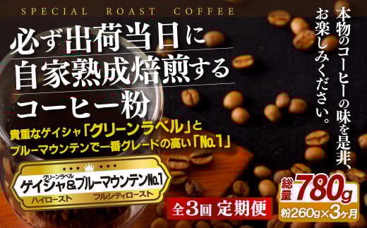 E287z 【3回定期便】必ず出荷日に自家熟成焙煎ゲイシャ粉(160g)・ブルーマウンテン.1粉(100g)【SASEBO Coffee TOMINAGA】人気 新鮮 挽きたて 高級コーヒー 本格 希少長崎県佐世保市30000お茶・飲料コ