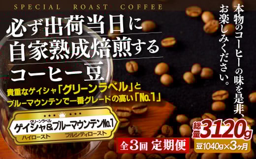 E296z【3回定期便】 必ず出荷日に自家熟成焙煎ゲイシャ豆(640g)・ブルーマウンテン.1豆(400g)【SASEBO Coffee TOMINAGA】人気 新鮮 挽きたて 高級コーヒー 本格 希少長崎県佐世保市120000お茶・飲料コ