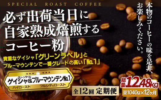 E301z 【12回定期便】必ず出荷日に自家熟成焙煎 ゲイシャ粉(640g) ブルーマウンテン.1粉(400g) コーヒー粉【SASEBO Coffee TOMINAGA】人気 新鮮 挽きたて 高級コーヒー 本格 希少長崎県佐世保市480500