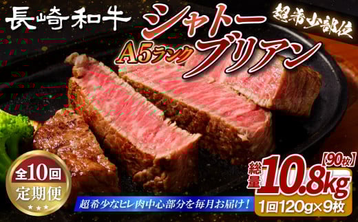 B395 【10回定期便】長崎和牛A5等級 シャトーブリアン 120g×9枚 総量90枚 10.8kg 【田中精肉店】シャトーブリアン ヒレ フィレ ステーキ 赤身 和牛 黒毛和牛 牛肉 希少部位 定期便長崎県佐世保市2