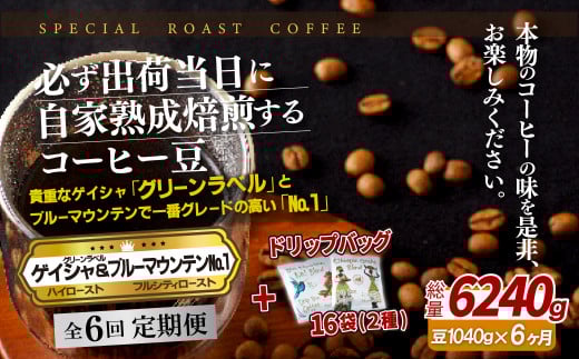 E297d 《定期便》必ず出荷日に自家熟成焙煎ゲイシャ豆(640g)・ブルーマウンテン1豆(400g)+ドリップバッグ16パック【6回お届け】【SASEBO Coffee TOMINAGA】人気 新鮮 挽きたて 高級コーヒー 本格