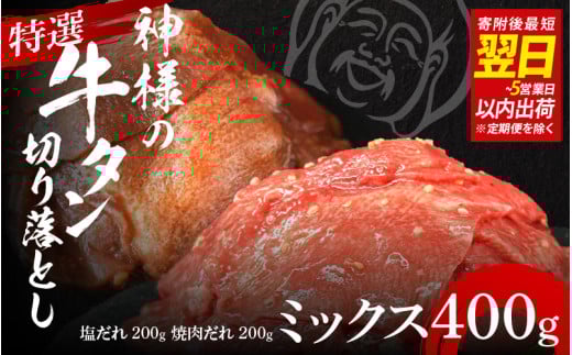 【 スピード発送 】特選神様の牛タン切り落とし 400g(塩だれ1p+焼肉だれ1p)   /  食べ比べ  訳あり スピード配送  お肉の神様大阪府東大阪市7000肉牛肉