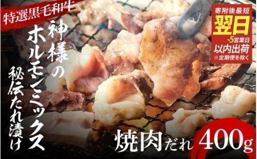 【 スピード発送 】【 特選 黒毛和牛 】 神様のホルモンミックス 秘伝たれ漬け  400g(焼肉だれ2p)大阪府東大阪市10000肉牛肉