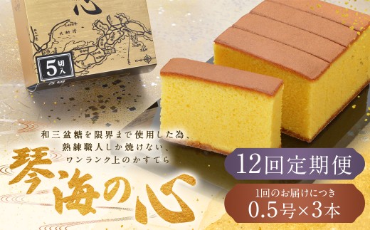 【全12回定期便】 長崎カステラ 琴海の心 0.5号(5切)×3本 / カステラ かすてら 和三盆 ざらめ ザラメ 洋菓子 お菓子 おかし 菓子 琴海堂 長崎県 長崎市長崎県長崎市180000菓子・スイーツケーキ