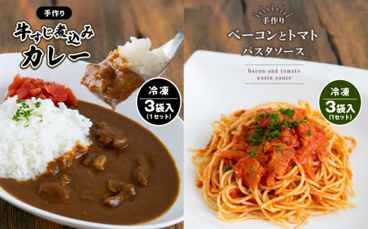 手作り 牛すじ煮込みカレー&ベーコンとトマトのパスタソース 【冷凍】 | 煮込み カレー 美祢市産 野菜 牛すじ パスタソース トマトソース 惣菜 セット 詰め合わせ 冷凍 特産品 山口 美祢