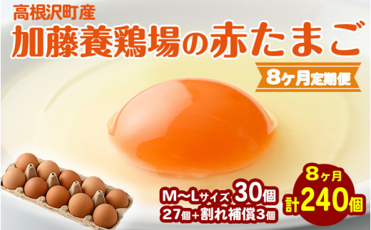 【8か月定期便】高根沢町産 たまご 加藤養鶏場の赤たまご M〜Lサイズ 30個(27個+割れ補償3個)×8か月 計240個| 定期便 卵 玉子 たまご 赤卵 赤たまご 生卵 国産 濃厚 鶏卵 コク 旨み  ※北海道
