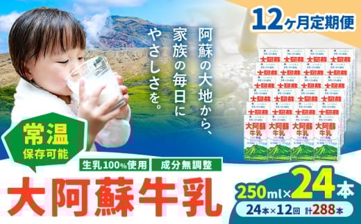 【12ヶ月定期便】牛乳 常温保存可能 成分無調整 生乳100%使用 大阿蘇牛乳 紙パック 250ml×24本 計288本 合同会社たべたせいか《申込月の翌月から出荷開始》熊本県 菊池市 牛乳 乳飲料 乳性飲