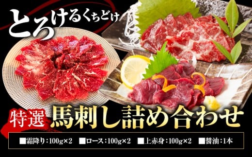 特選馬刺し詰め合わせ Eセット 合計600g 3種類 セット 霜降り100g×2 上赤身100g×2 ロース100g×2 醤油1本付き 有限会社七城町特産品センター《90日以内に出荷予定(土日祝除く)》熊本県 菊池市 馬