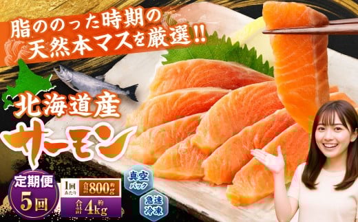 【5回定期便】 北海道産サーモン 計約4kg (約200g×4パック)×5回 サーモン 本マス マス 天然 新鮮 塩締め 急速凍結 小分け 冷凍北海道小樽市50000魚介・海産物鮮魚